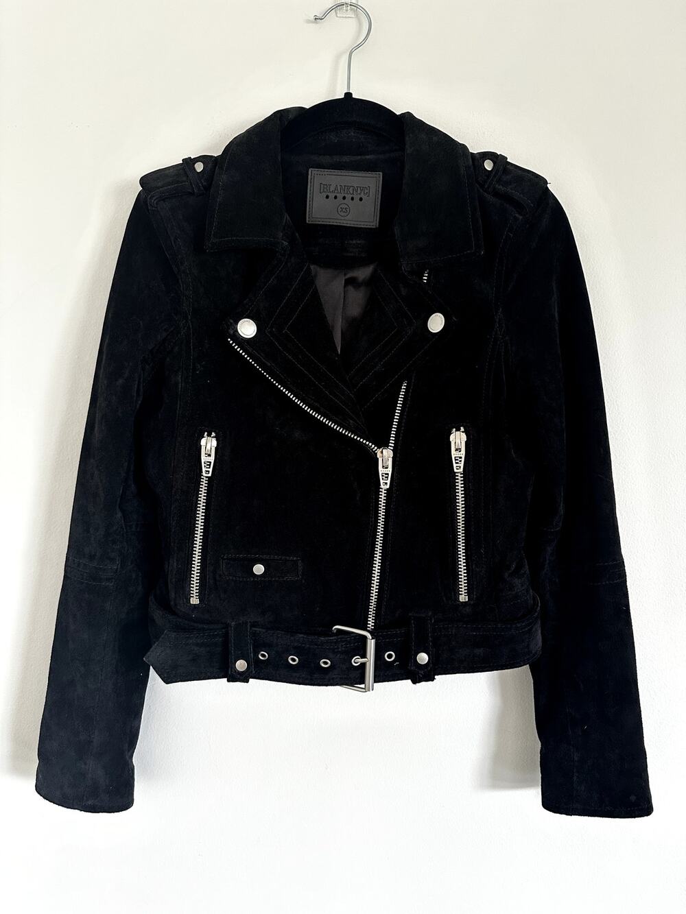 Free People BLANKNYC Suede Moto Jacket Black XS Asymmetrical Biker Belted
